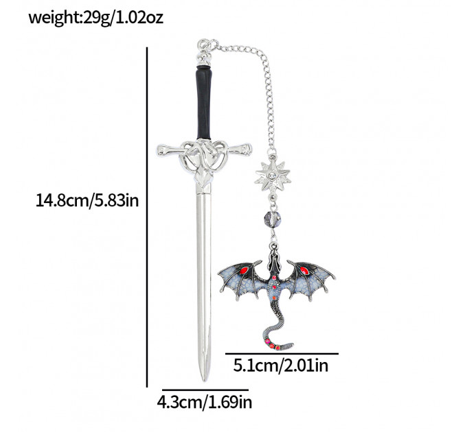 Металева закладка для книги з мечем і блакитним драконом