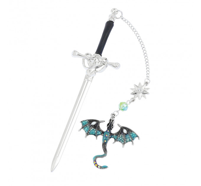 Металева закладка для книги з мечем і блакитним драконом